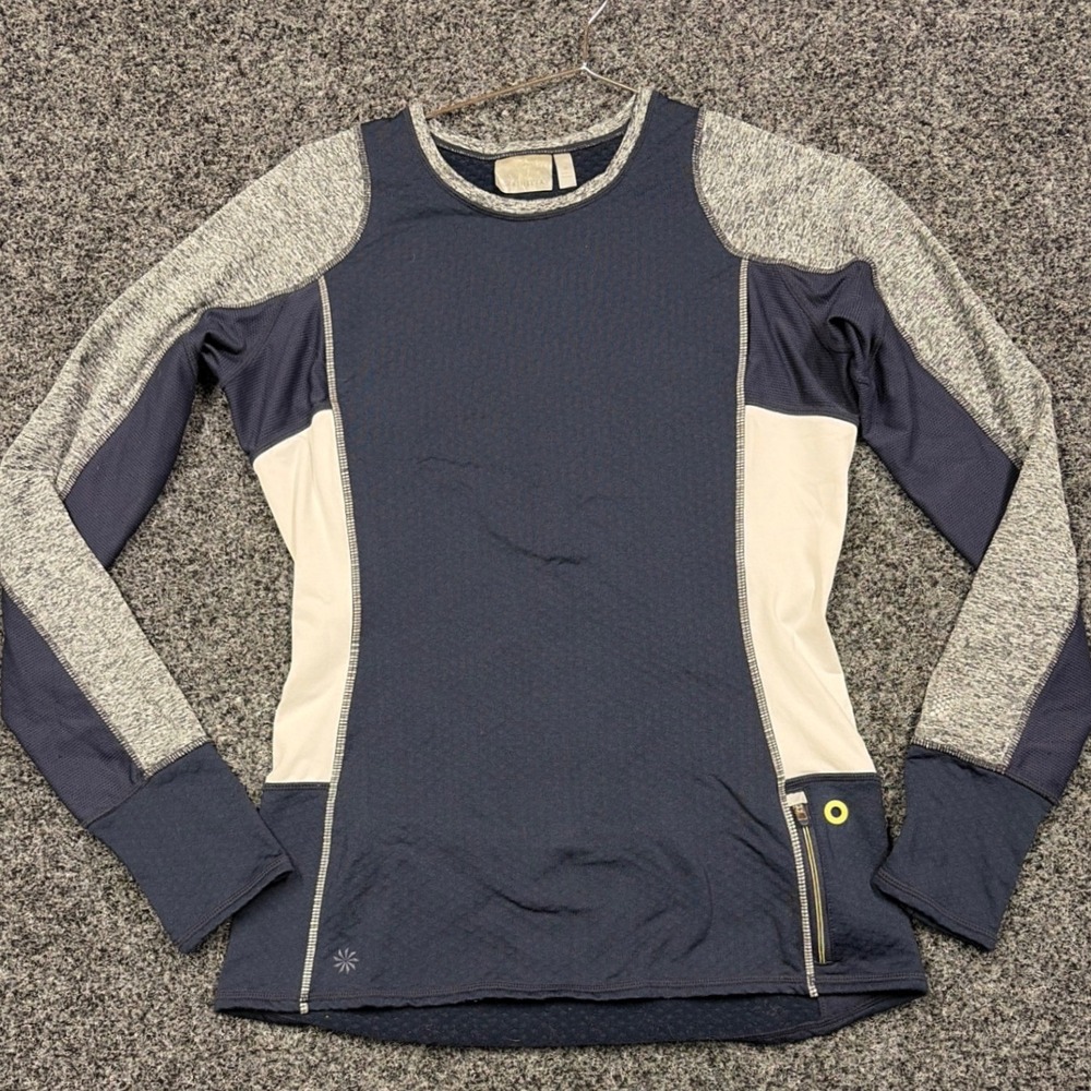 Athleta Top Womens M Blue Gray Colorblock Long Sleeve Running Shirt Thumbholes